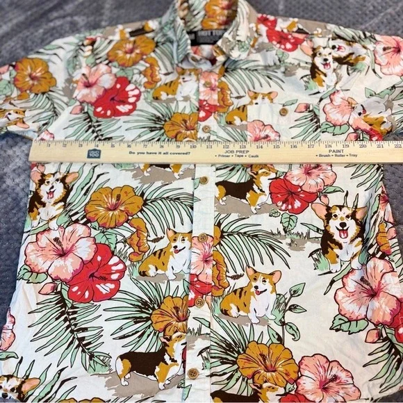 Hot Topic Corgi Tropical Hibiscus Floral Button Up Shirt Mens Medium Cream Short - Picture 3 of 6